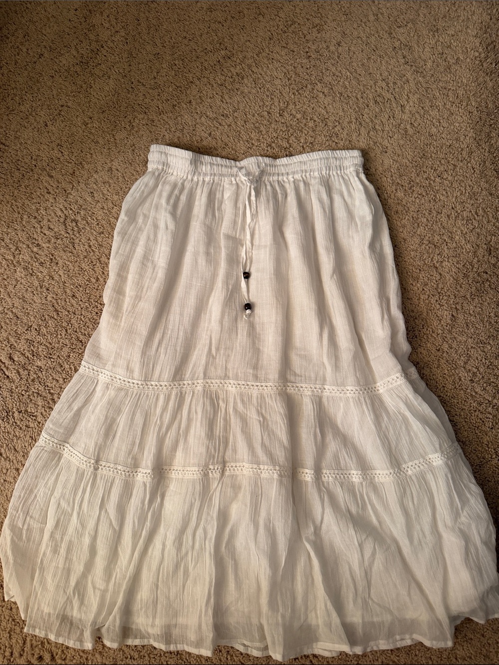 Boho Tiered White Maxi Skirt with Drawstring Waist